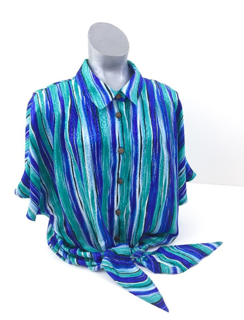 Striped tie-front short sleeve shirt