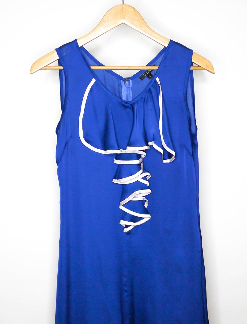 Cobalt blue ruffle front sleeveless tunic dress