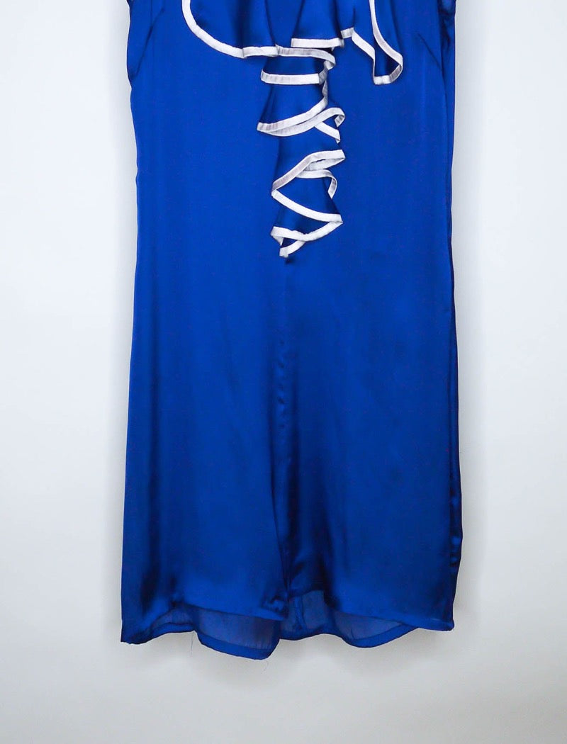 Cobalt blue ruffle front sleeveless tunic dress