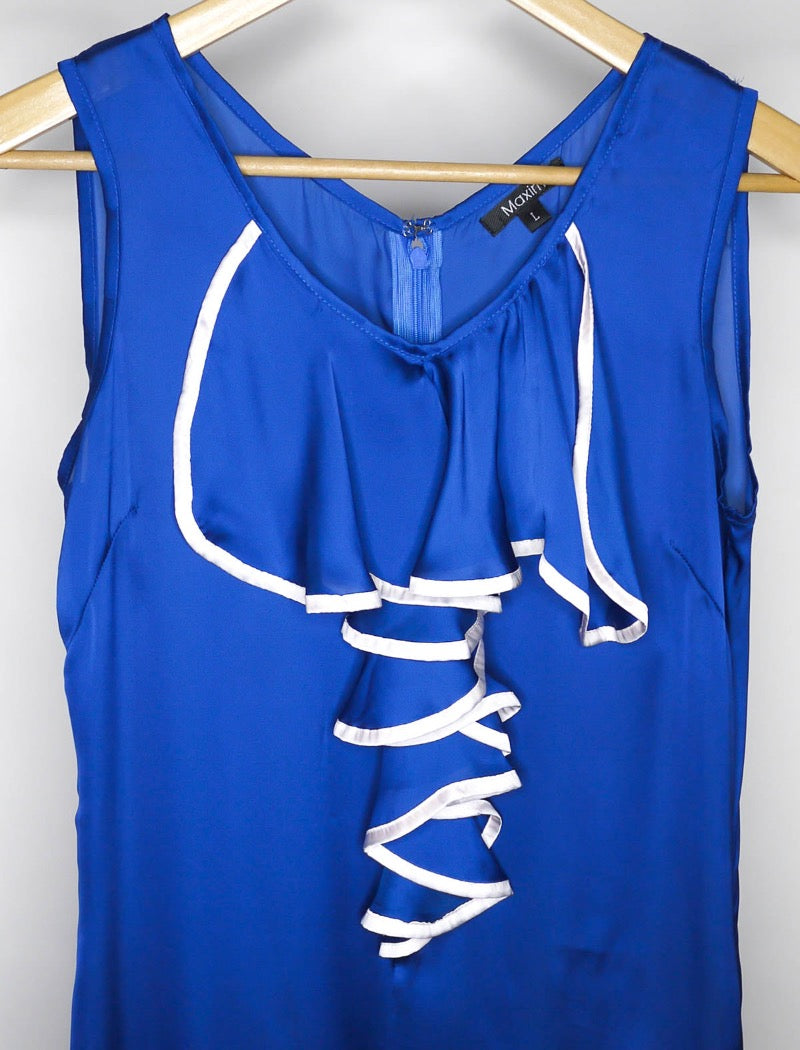 Cobalt blue ruffle front sleeveless tunic dress