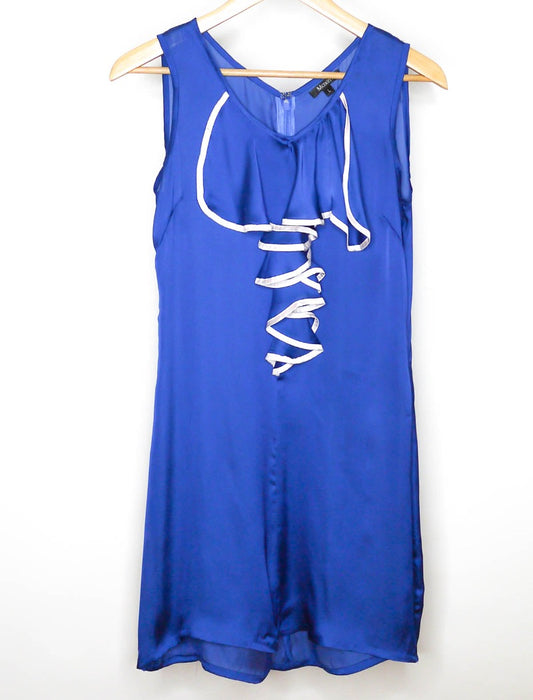 Cobalt blue ruffle front sleeveless tunic dress