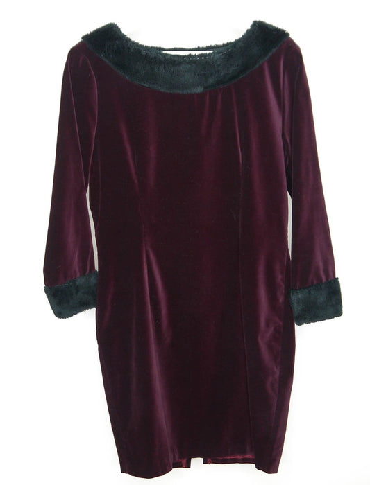 Burgundy body-con velvet mini dress with black fake fur trim 