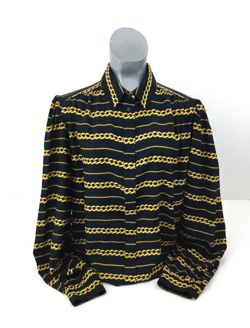 Vintage 70's Fletcher Jones Women's gold & black chain link lightweight print shirt, button down with long sleeves