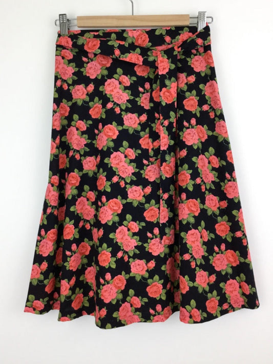 Vintage 90's floral wrap around skirt with sash tie, side pocket and red roses over black background