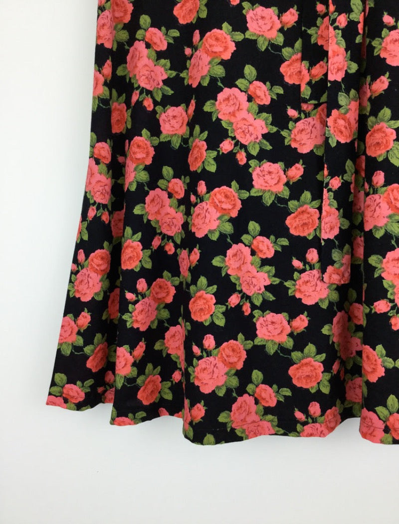 Vintage 90's floral wrap around skirt with sash tie, side pocket and red roses over black background