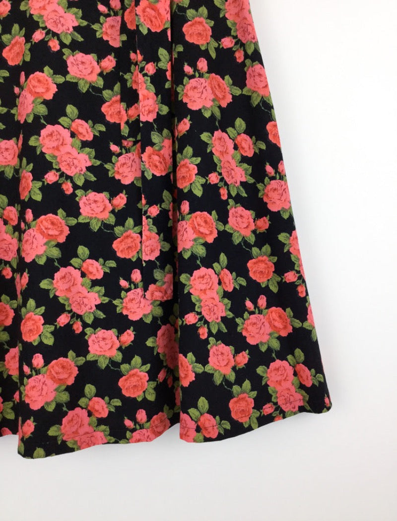 Vintage 90's floral wrap around skirt with sash tie, side pocket and red roses over black background