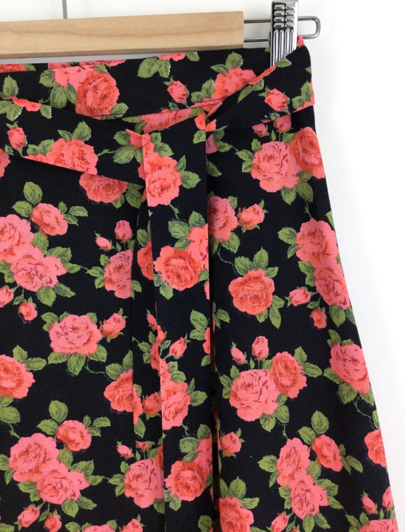 Vintage 90's floral wrap around skirt with sash tie, side pocket and red roses over black background