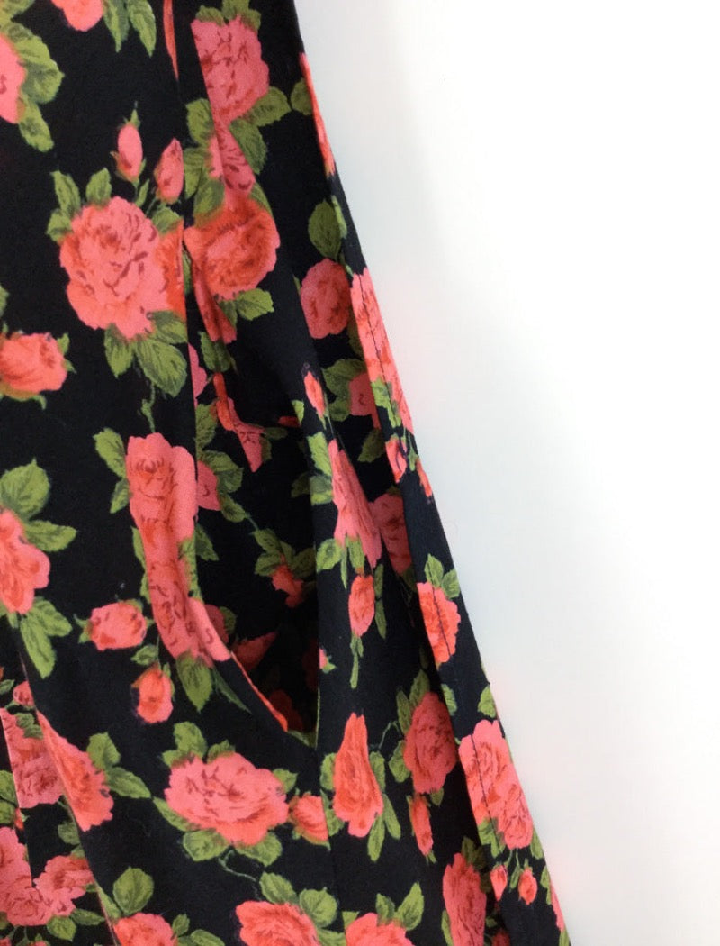 Vintage 90's floral wrap around skirt with sash tie, side pocket and red roses over black background