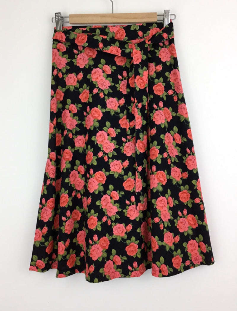 Vintage 90's floral wrap around skirt with sash tie, side pocket and red roses over black background