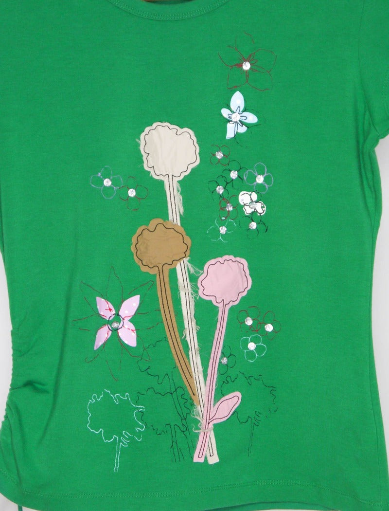 Green floral print applique t-shirt with side drawstring