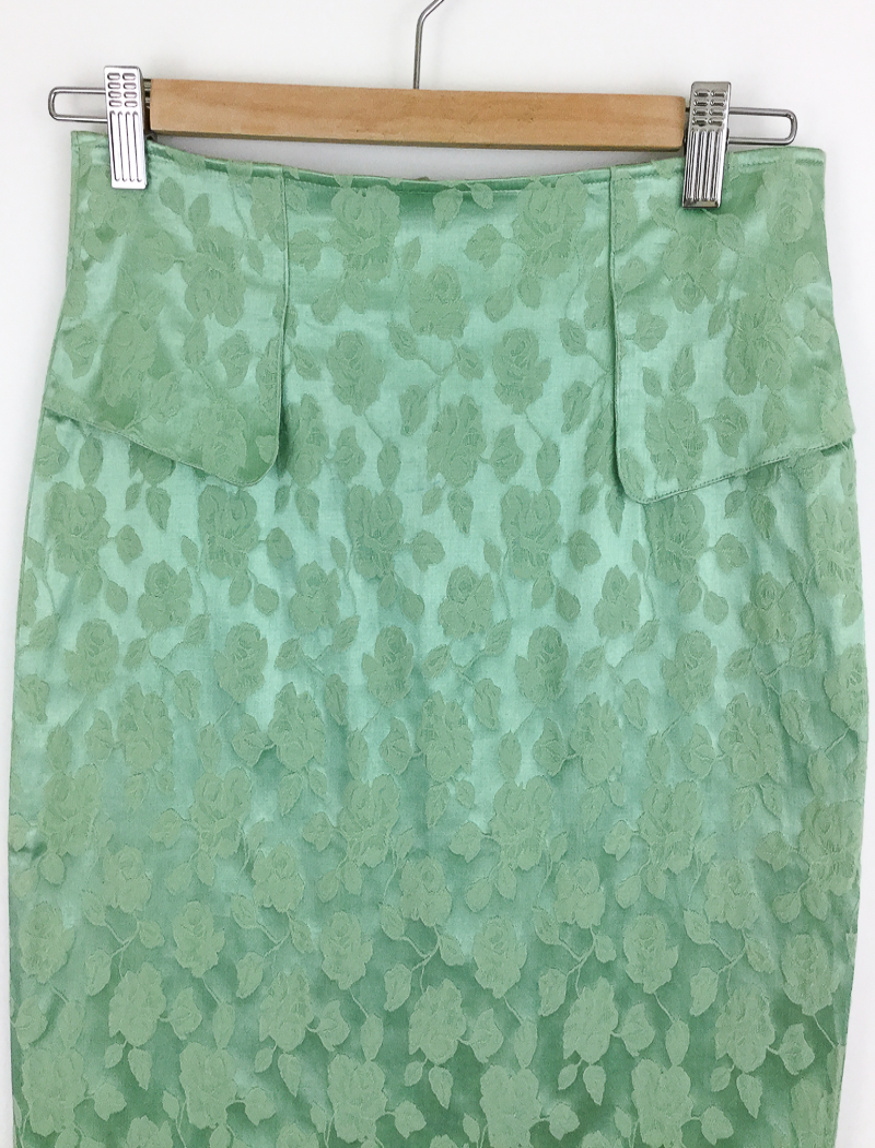 Green floral damask straight pencil skirt