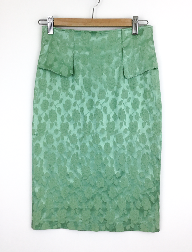 Green floral damask straight pencil skirt