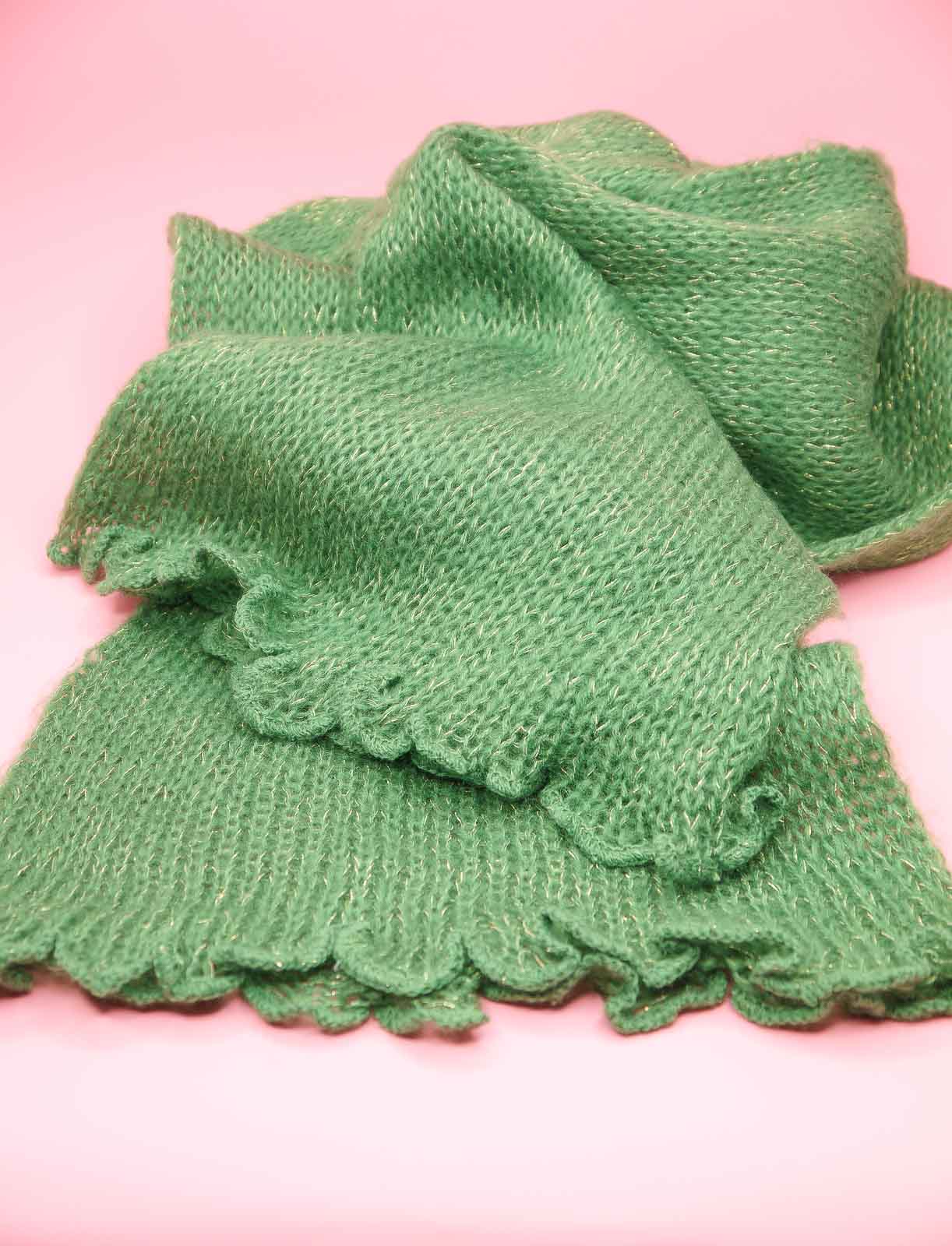 Green and gold metallic knit scallop edge scarf