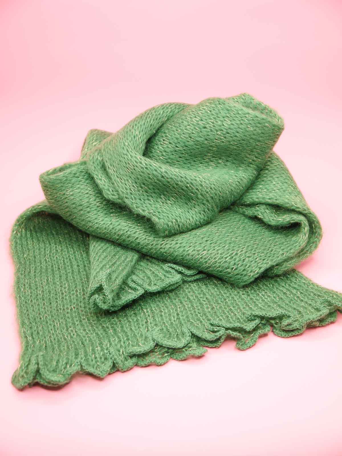 Green and gold metallic knit scallop edge scarf