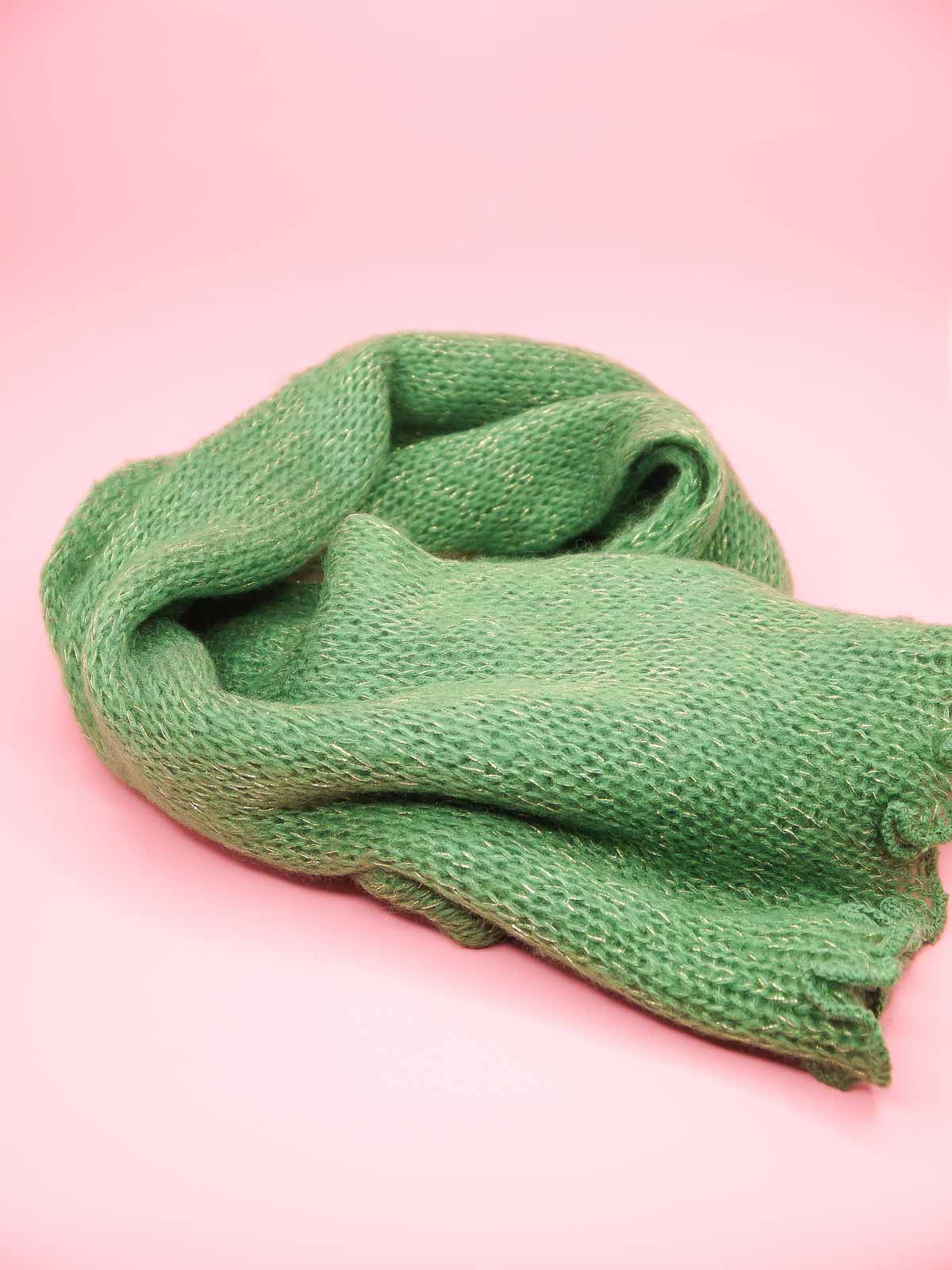 Green and gold metallic knit scallop edge scarf