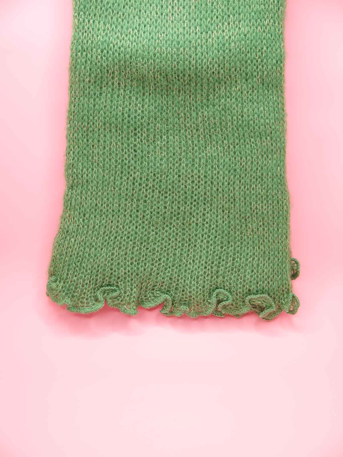 Green and gold metallic knit scallop edge scarf