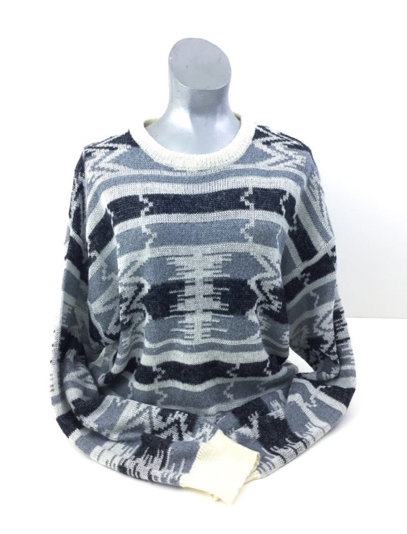 Grey and black aztec print unisex fine knit jumper with cream ribbed neckline, cuffs and hem