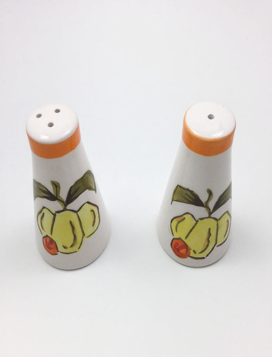 Vintage salt and pepper shakers Made in Japan with hand painted fruit on the front with an orange painted rim and rubber stopper underneath. 