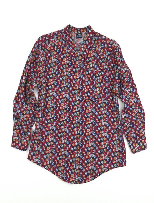 Vintage 90's boho floral print lightweight long sleeve shirt in reds, blues, brown & green. Has a pocket on the front left hand side with button closure all down the front. 