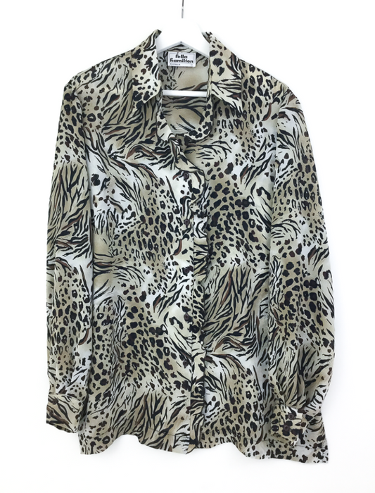 Leopard animal print ruffle button down shirt