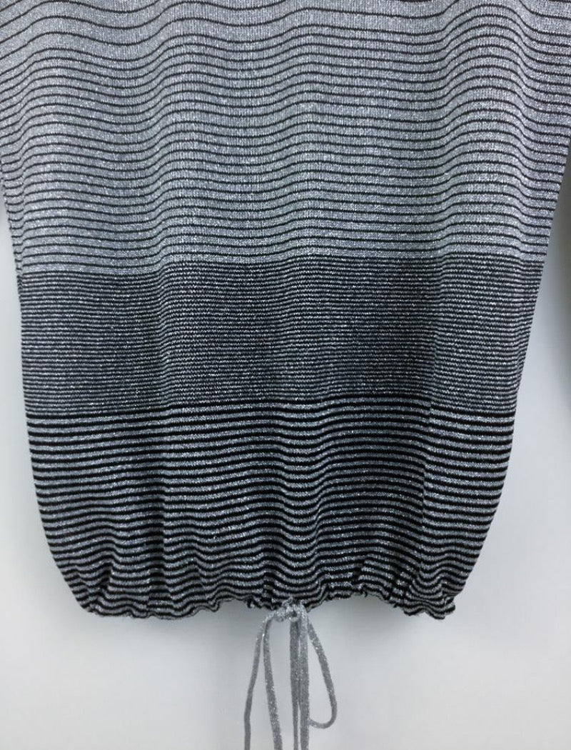 Lurex metallic stripe knit drawstring cowl neck top