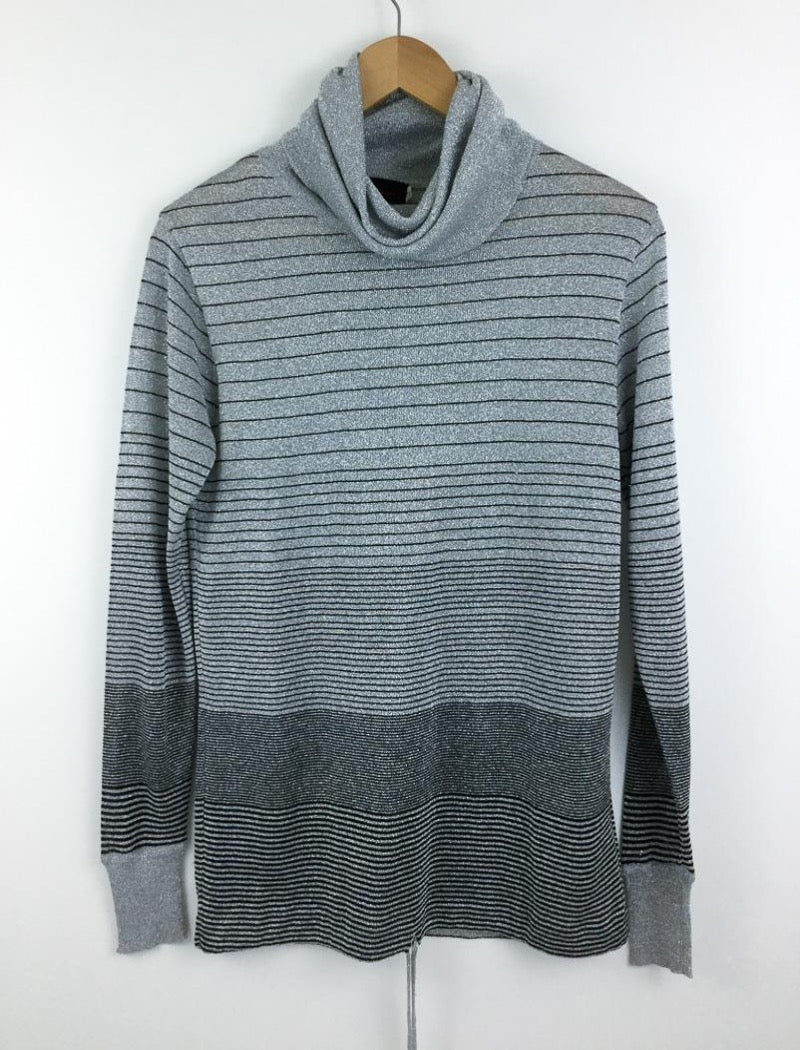 Lurex metallic stripe knit drawstring cowl neck top