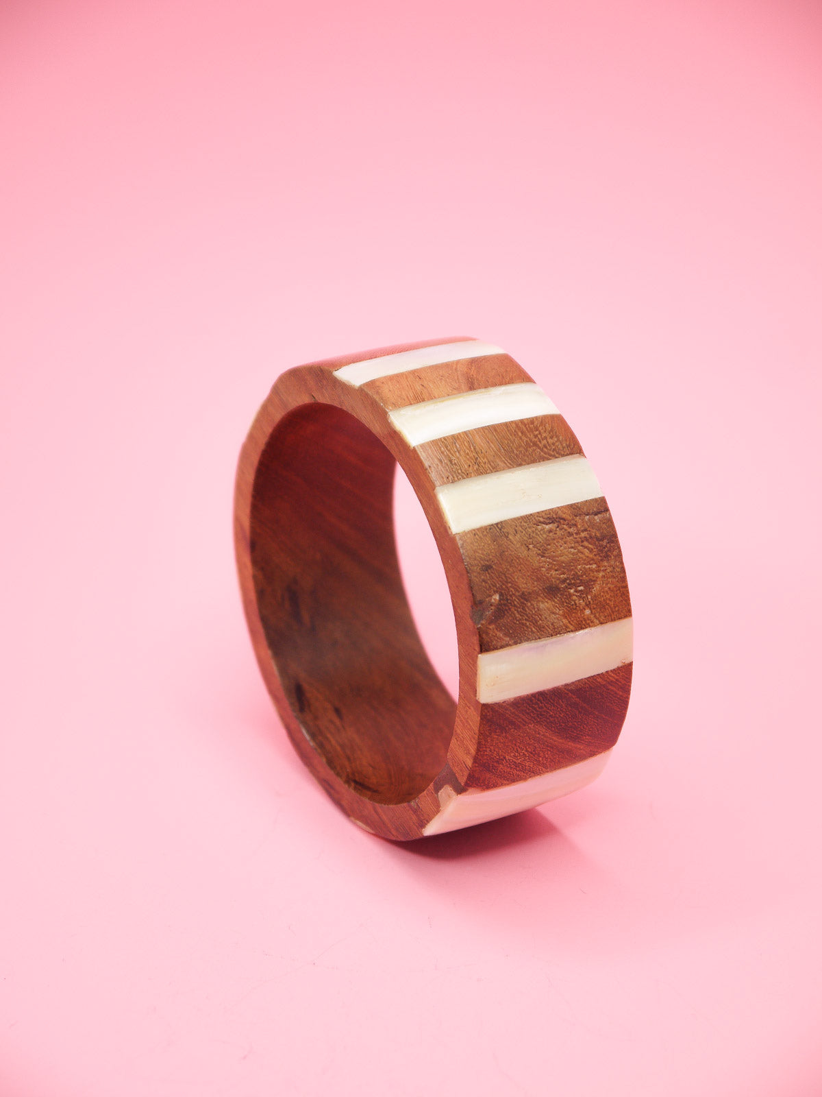 Striped inlay mother of pearl wooden bangle