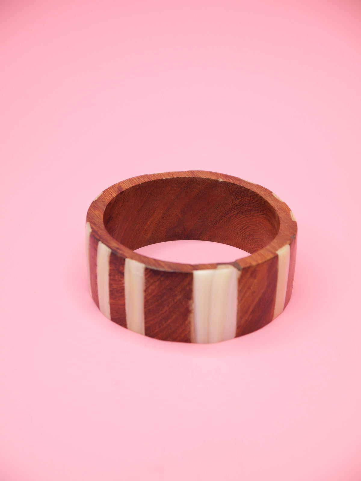 Striped inlay mother of pearl wooden bangle