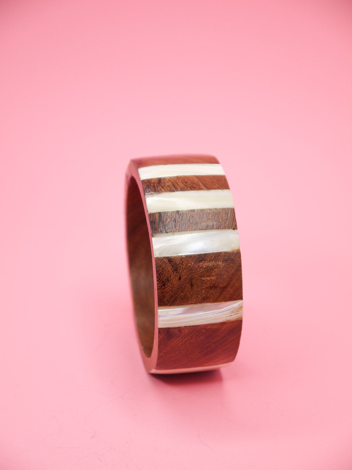 Striped inlay mother of pearl wooden bangle