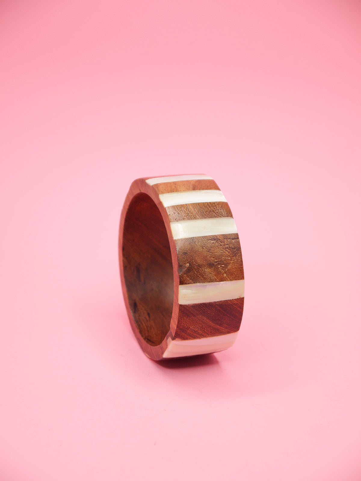 Striped inlay mother of pearl wooden bangle