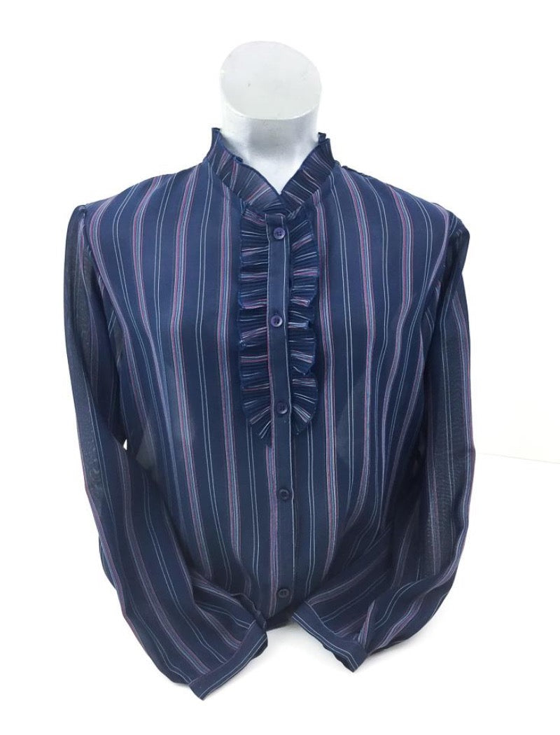 Navy striped ruffle sheer shirt