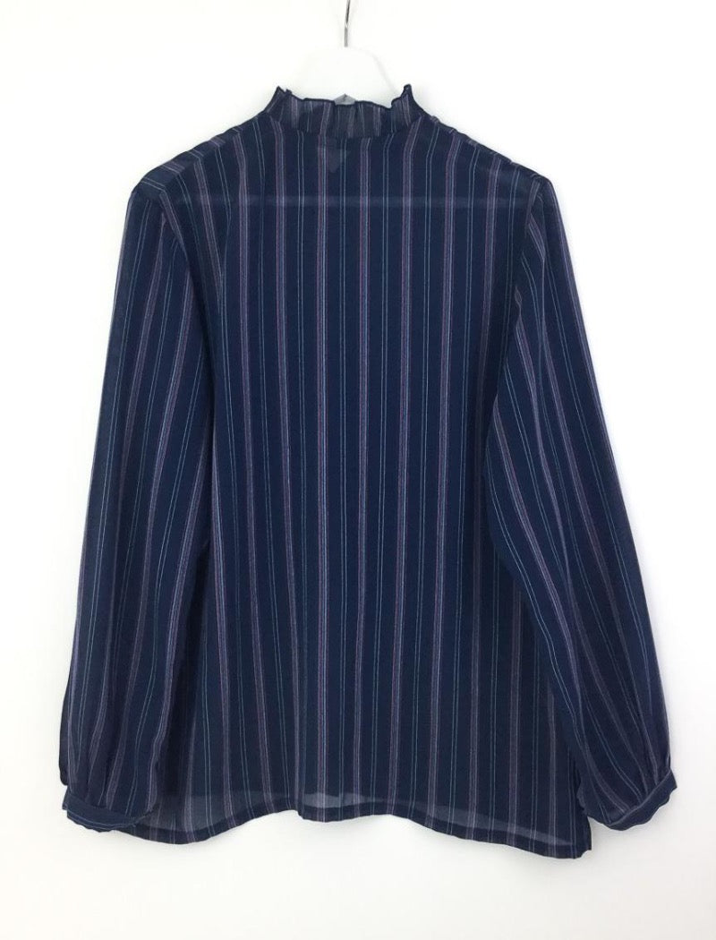 Navy striped ruffle sheer shirt