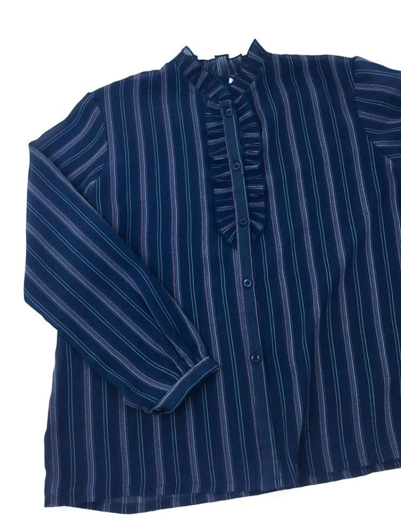 Navy striped ruffle sheer shirt