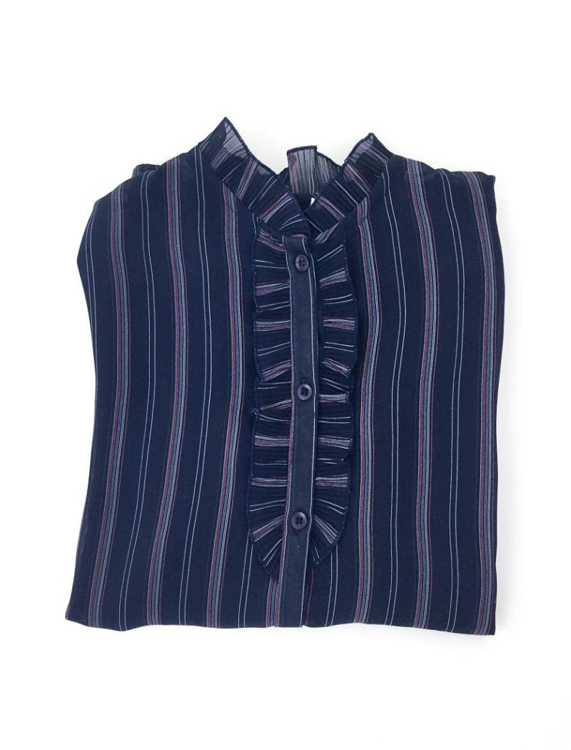 Navy striped ruffle sheer shirt