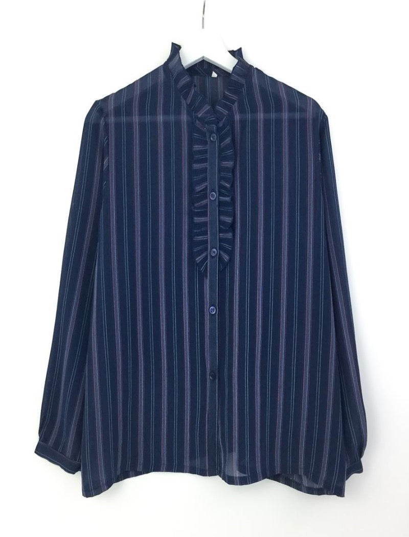 Navy striped ruffle sheer shirt