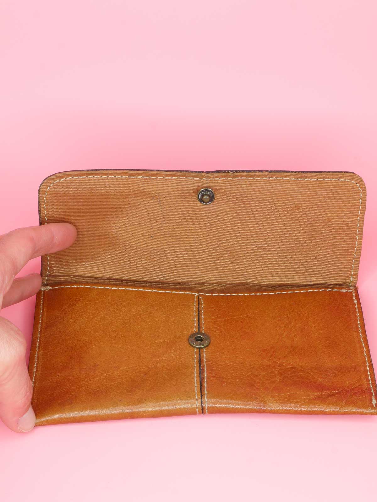 Vintage Paragini tan brown leather wallet with overlapping flap and press stud closure, fully lined inside and top stitching on the outside