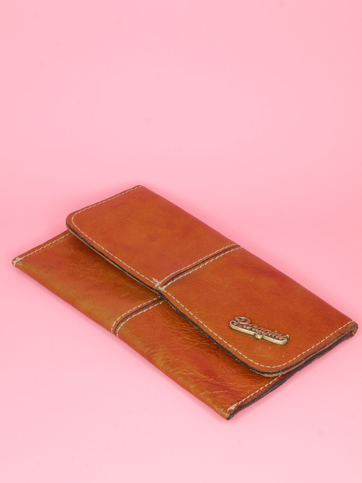 Vintage Paragini tan brown leather wallet with overlapping flap and press stud closure, fully lined inside and top stitching on the outside