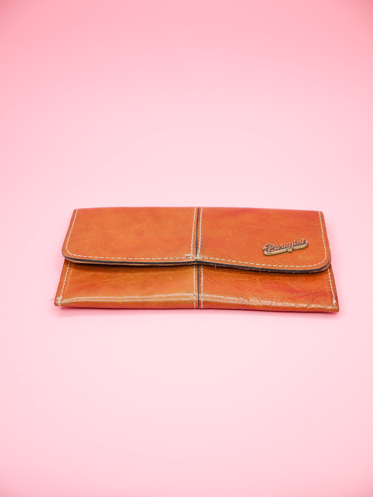 Vintage Paragini tan brown leather wallet with overlapping flap and press stud closure, fully lined inside and top stitching on the outside