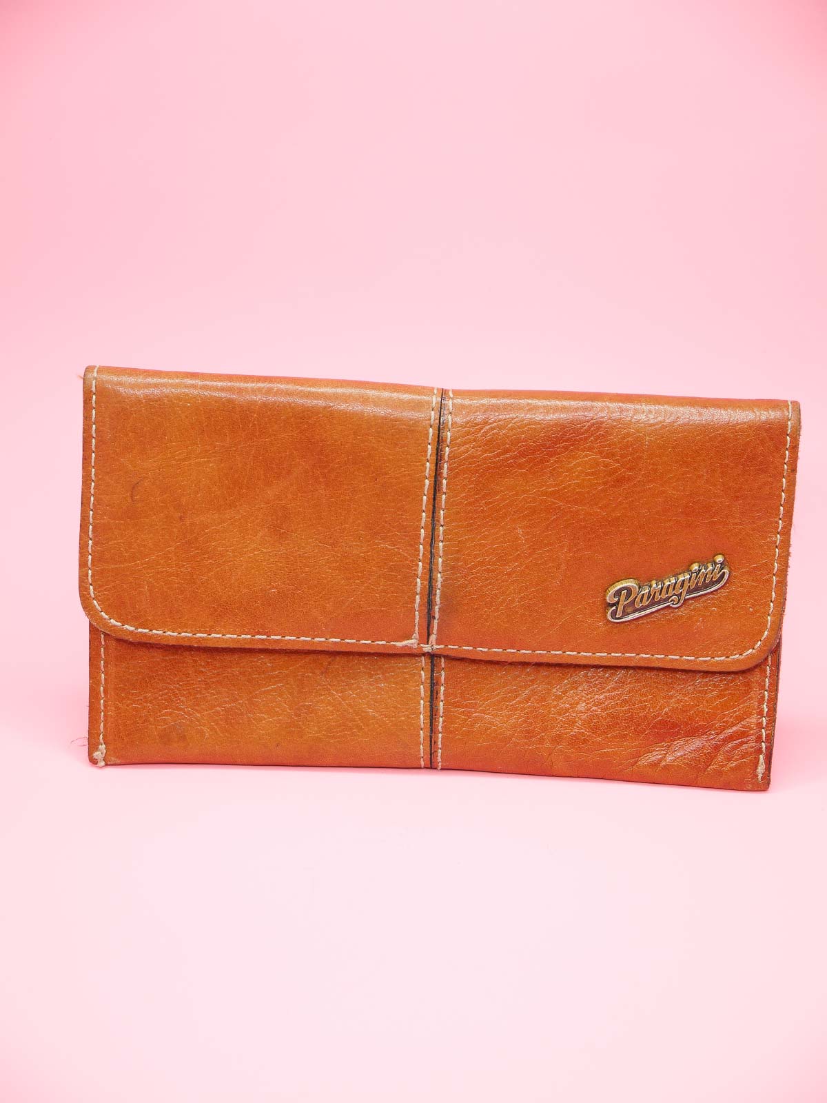 Vintage Paragini tan brown leather wallet with overlapping flap and press stud closure, fully lined inside and top stitching on the outside