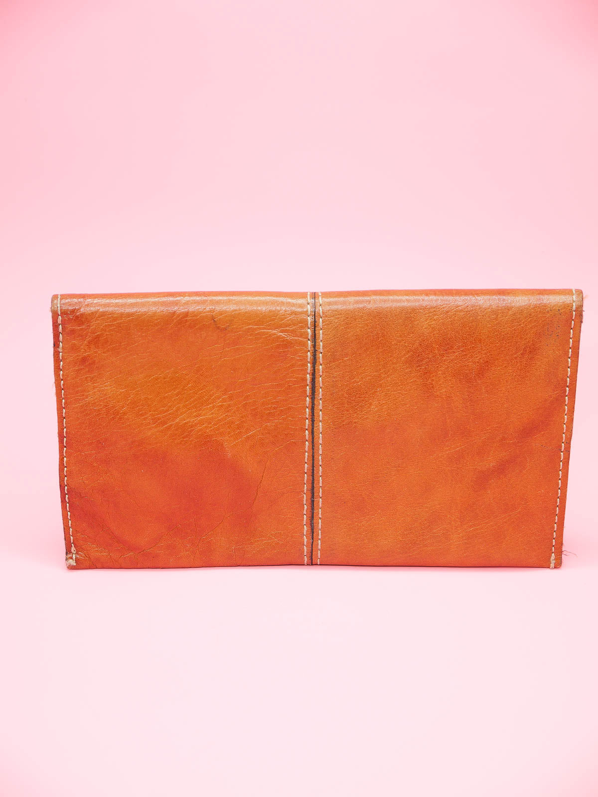 Vintage Paragini tan brown leather wallet with overlapping flap and press stud closure, fully lined inside and top stitching on the outside