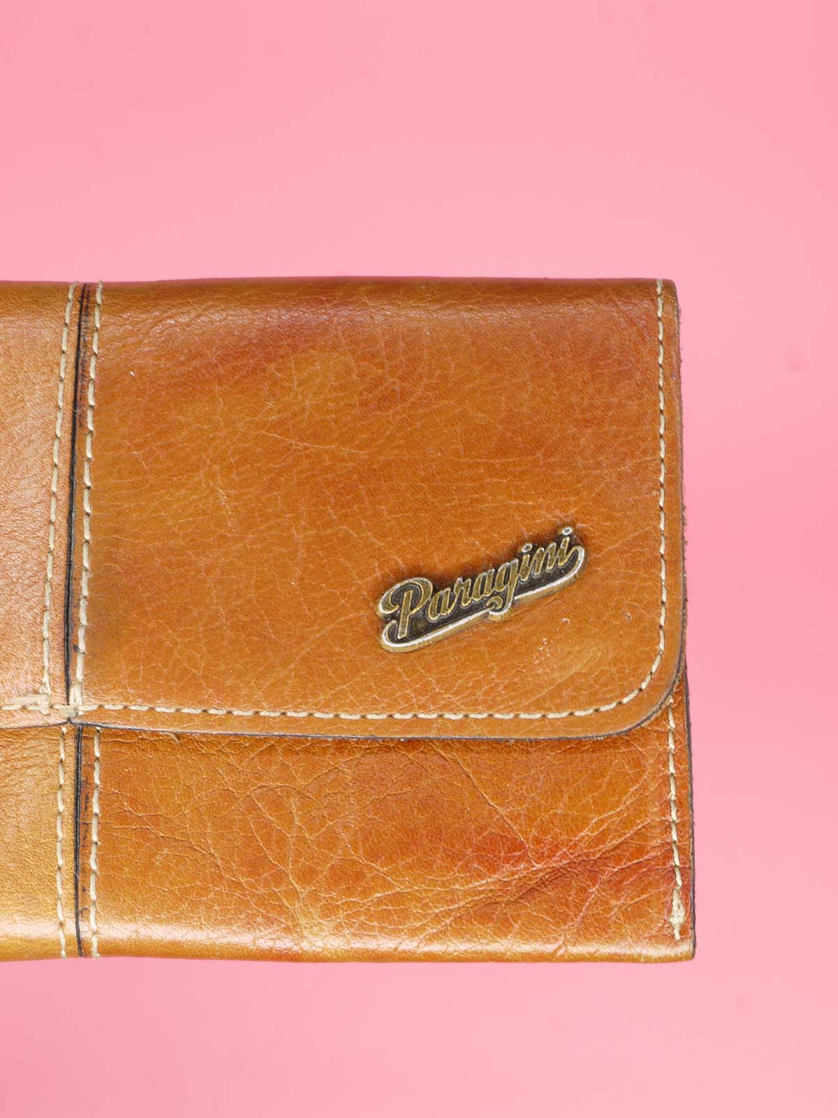 Vintage Paragini tan brown leather wallet with overlapping flap and press stud closure, fully lined inside and top stitching on the outside