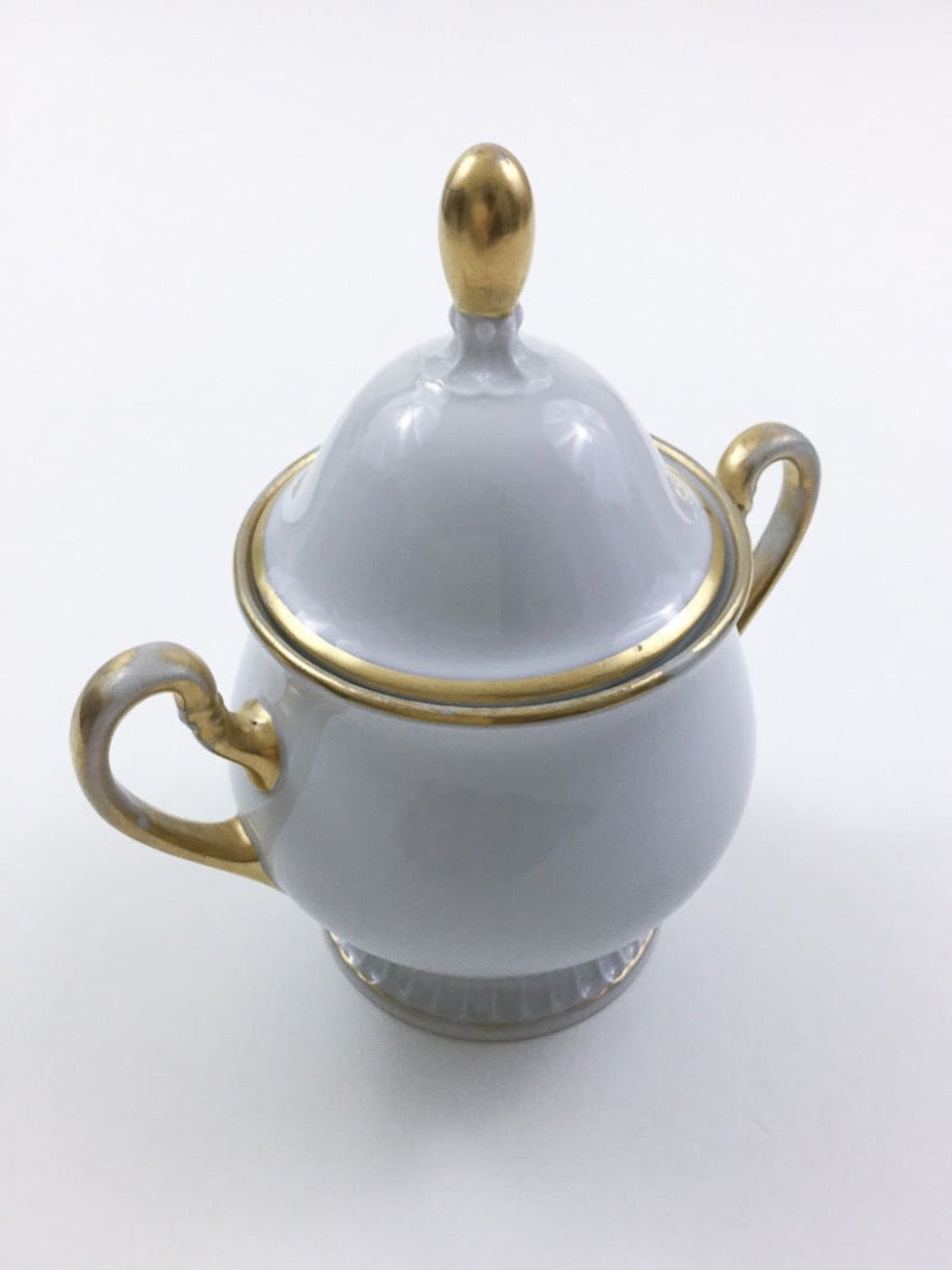 Vintage 40's Porcelain Sugar Bowl, PMR Bavaria Jaeger + Co, Ornate White & Gold Trim with lid and two side handles