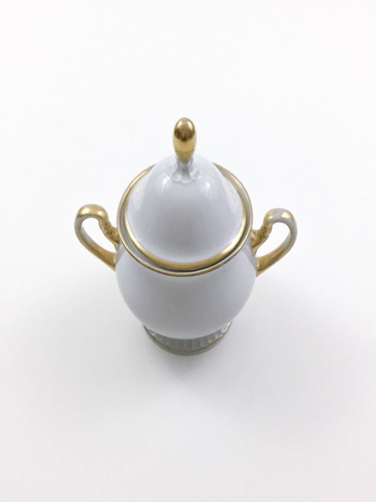 Vintage 40's Porcelain Sugar Bowl, PMR Bavaria Jaeger + Co, Ornate White & Gold Trim with lid and two side handles