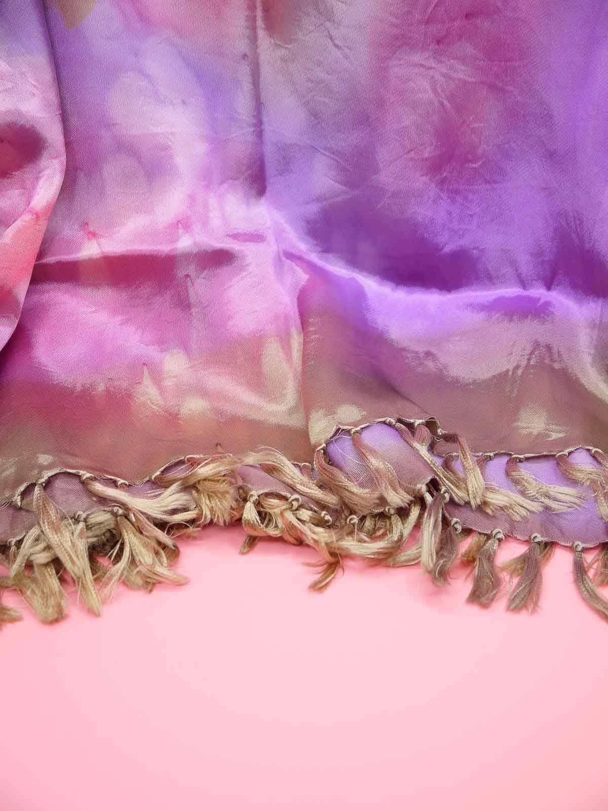 Tie dyed square fringed scarf shawl in colours of pinks, purples, gold with gold fringing and silky sheen to the fabric.