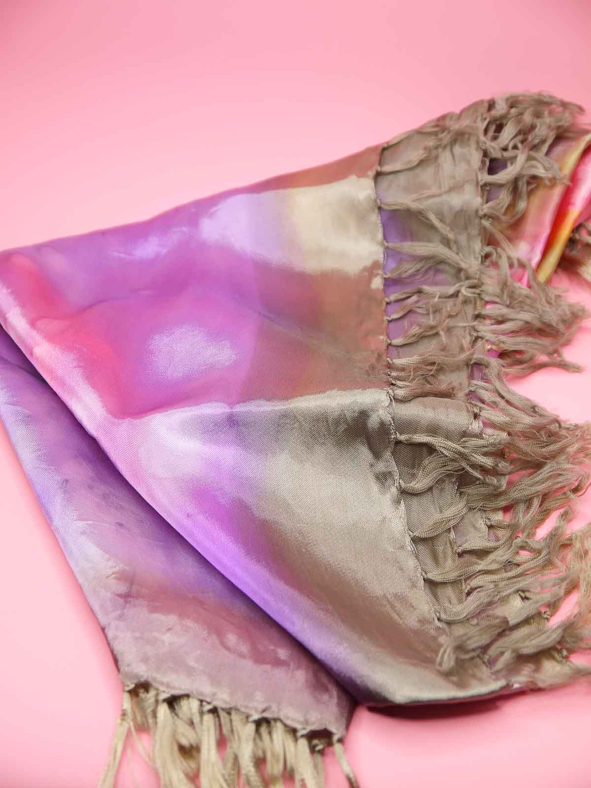 Tie dyed square fringed scarf shawl in colours of pinks, purples, gold with gold fringing and silky sheen to the fabric.