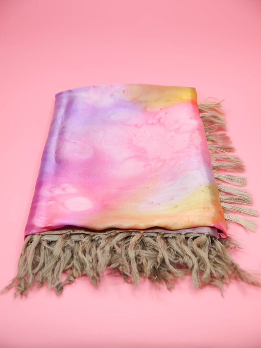 Tie dyed square fringed scarf shawl in colours of pinks, purples, gold with gold fringing and silky sheen to the fabric.