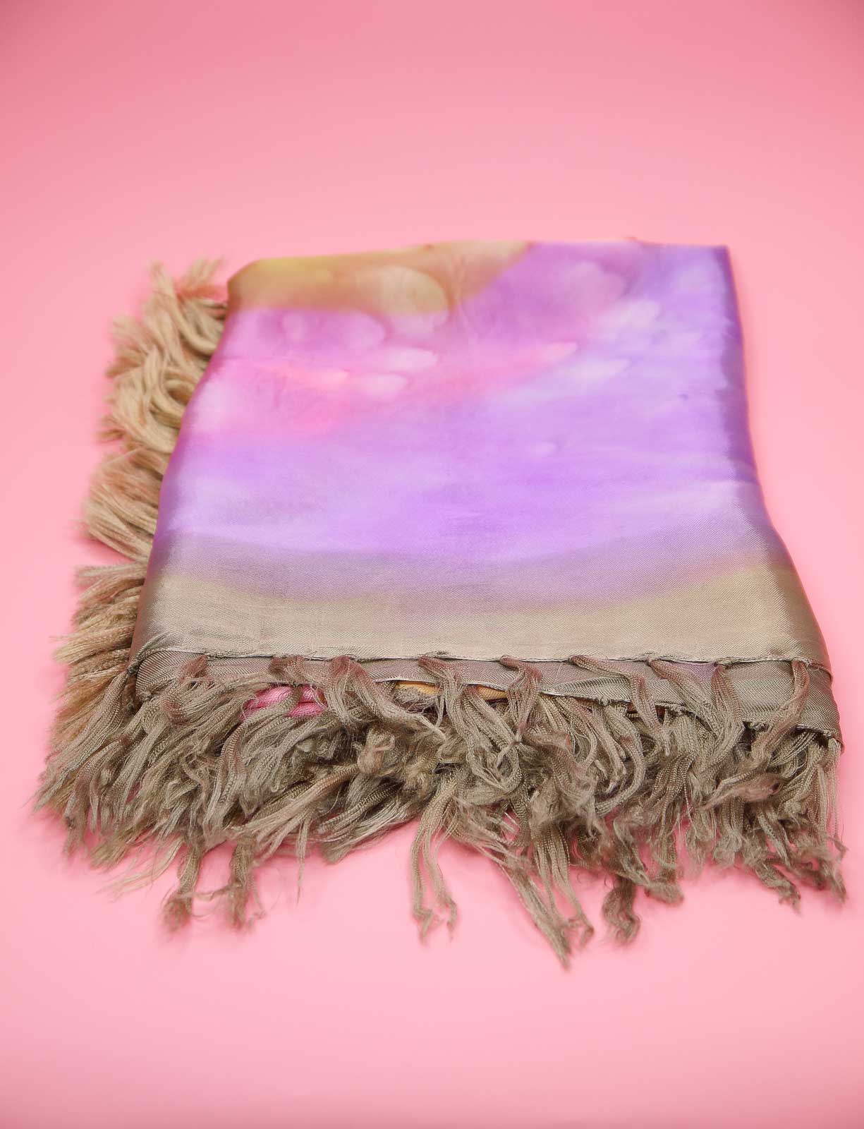 Tie dyed square fringed scarf shawl in colours of pinks, purples, gold with gold fringing and silky sheen to the fabric.