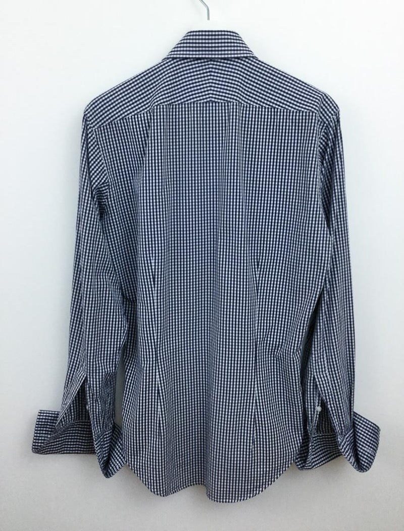 Men's blue & white gingham check slim fit cufflink shirt