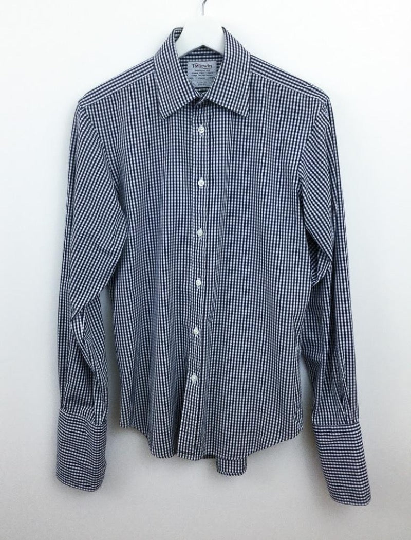 Men's blue & white gingham check slim fit cufflink shirt