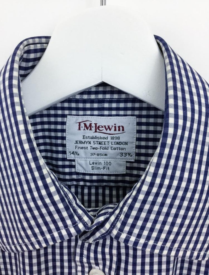 Men's blue & white gingham check slim fit cufflink shirt